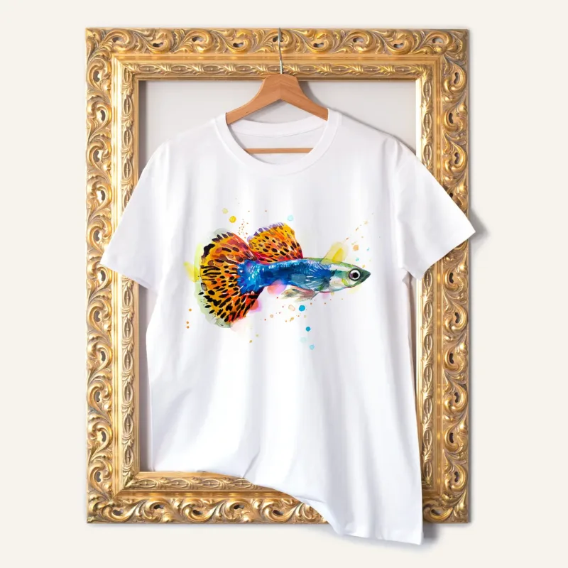 Guppy Fish watercolor painting printed on a white cotton T-shirt by Slaveika Aladjova