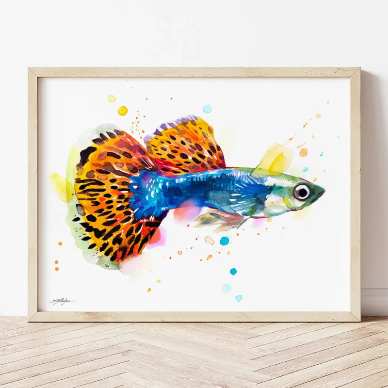 Guppy Fish watercolor painting the artwork on the T-shirt by Slaveika Aladjova