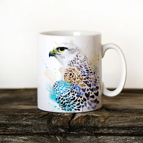 Gyrfalcon Art Mug, Watercolor Ceramic Mug 11 oz Gyrfalcon watercolor painting printed on an 11 oz ceramic art mug by Slaveika Aladjova