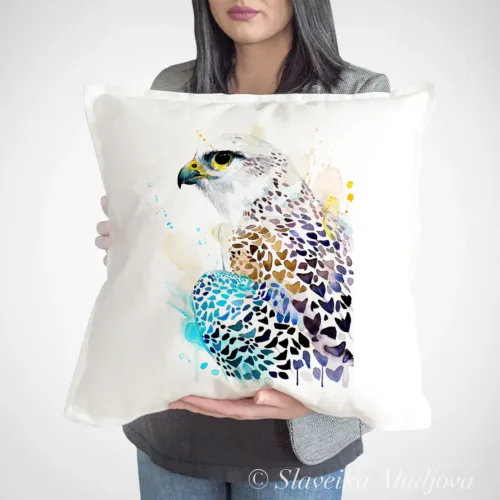 Gyrfalcon Art Pillow Cover, Watercolor Cushion 50 × 50 cm Gyrfalcon watercolor painting printed on a 50 x 50 cm cotton art pillow cover by Slaveika Aladjova