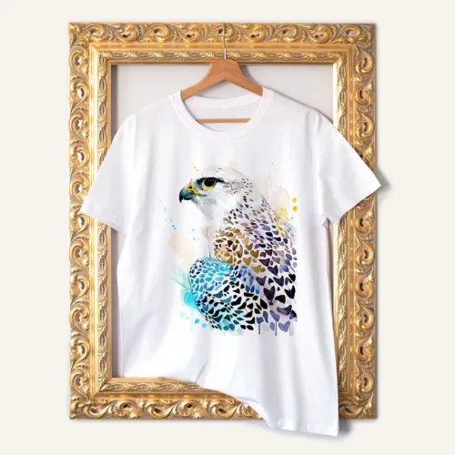Gyrfalcon T-Shirt, Watercolor Art Tee Gyrfalcon watercolor painting printed on a white cotton T-shirt by Slaveika Aladjova