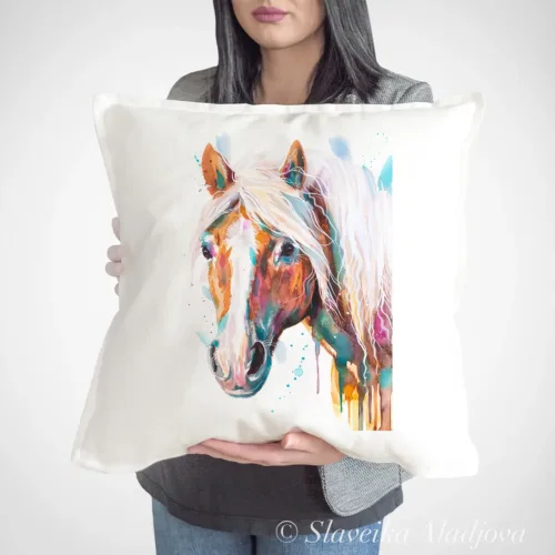 Haflinger Horse watercolor painting printed on a 50 x 50 cm cotton art pillow cover by Slaveika Aladjova