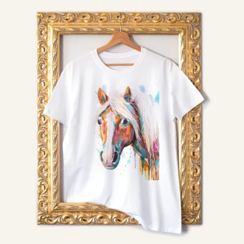 Haflinger Horse watercolor painting printed on a white cotton T-shirt by Slaveika Aladjova