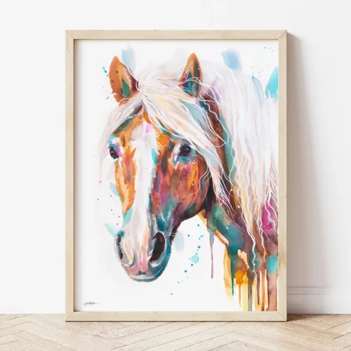 Haflinger Horse watercolor painting the artwork on the T-shirt by Slaveika Aladjova