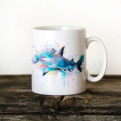 Hammerhead Shark Art Mug, Watercolor Ceramic Mug 11 oz Hammerhead Shark watercolor painting printed on an 11 oz ceramic art mug by Slaveika Aladjova