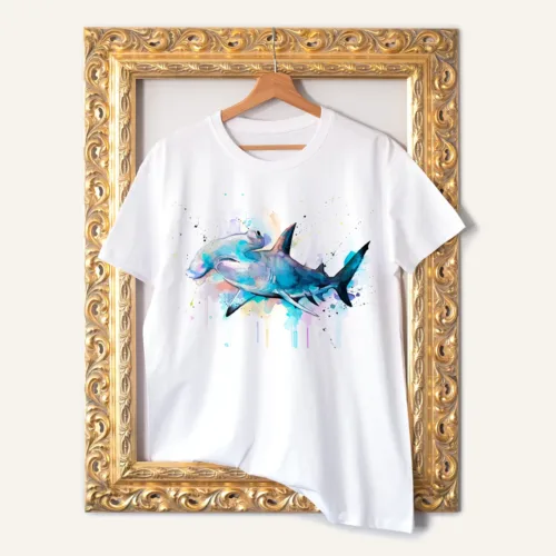 Hammerhead Shark T-Shirt, Watercolor Art Tee Hammerhead Shark watercolor painting printed on a white cotton T-shirt by Slaveika Aladjova