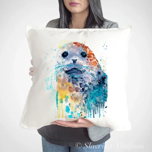 Harbor Seal Art Pillow Cover, Watercolor Cushion 50 × 50 cm Harbor Seal watercolor painting printed on a 50 x 50 cm cotton art pillow cover by Slaveika Aladjova