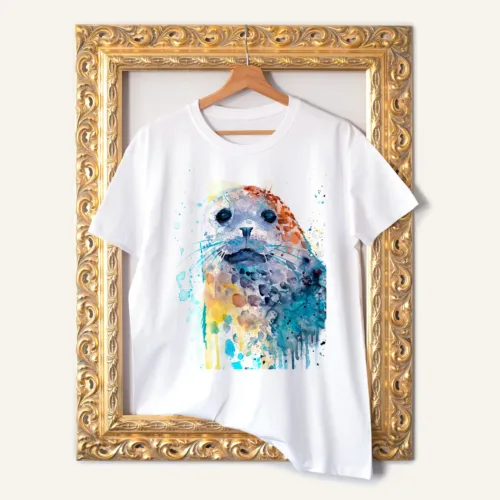 Harbor seal watercolor painting printed on a white cotton T-shirt by Slaveika Aladjova