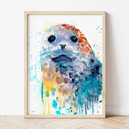 Harbor seal watercolor painting by Slaveika Aladjova, the artwork on the T-shirt