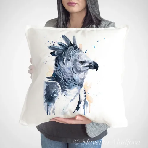Harpy Eagle Art Pillow Cover, Watercolor Cushion 50 × 50 cm Harpy Eagle watercolor painting printed on a 50 x 50 cm cotton art pillow cover by Slaveika Aladjova