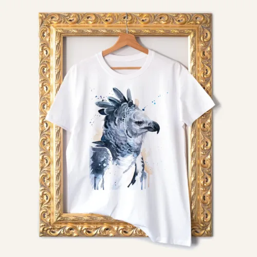 Harpy eagle watercolor painting printed on a white cotton T-shirt by Slaveika Aladjova