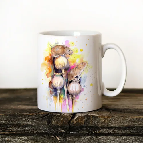 Harvest Mice Art Mug, Watercolor Ceramic Mug 11 oz Harvest Mice watercolor painting printed on an 11 oz ceramic art mug by Slaveika Aladjova