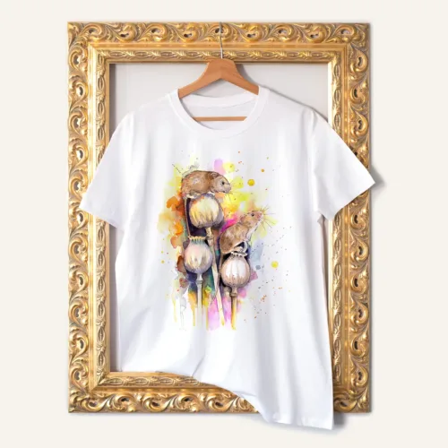 Harvest Mice T-Shirt, Watercolor Art Tee Harvest Mice watercolor painting printed on a white cotton T-shirt by Slaveika Aladjova