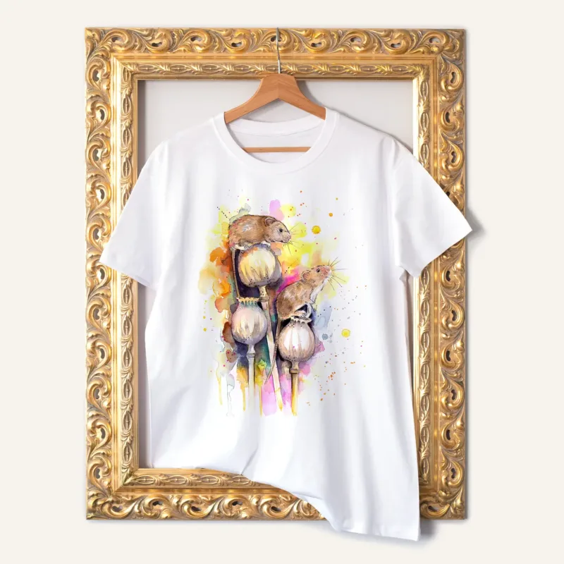 Harvest Mice watercolor painting printed on a white cotton T-shirt by Slaveika Aladjova