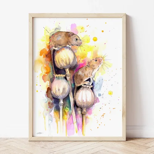 Harvest Mice watercolor painting the artwork on the T-shirt by Slaveika Aladjova