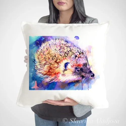 Hedgehog Art Pillow Cover, Watercolor Cushion 50 × 50 cm Hedgehog watercolor painting printed on a 50 x 50 cm cotton art pillow cover by Slaveika Aladjova