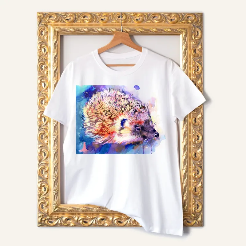 Hedgehog watercolor painting printed on a white cotton T-shirt by Slaveika Aladjova