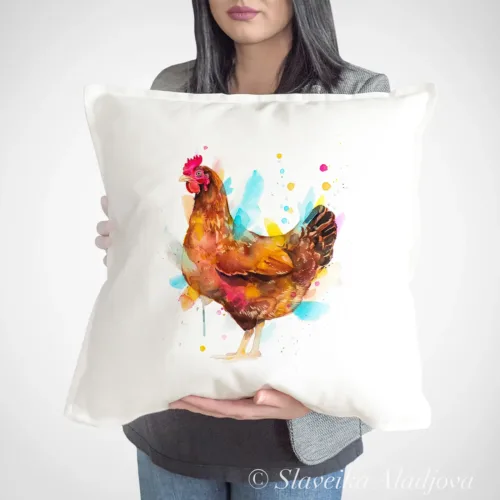 Hen Art Pillow Cover, Watercolor Cushion 50 × 50 cm Hen watercolor painting printed on a 50 x 50 cm cotton art pillow cover by Slaveika Aladjova