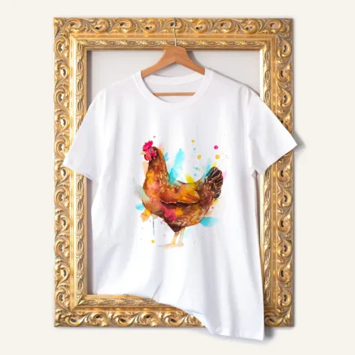 Hen T-Shirt, Watercolor Art Tee Hen watercolor painting printed on a white cotton T-shirt by Slaveika Aladjova