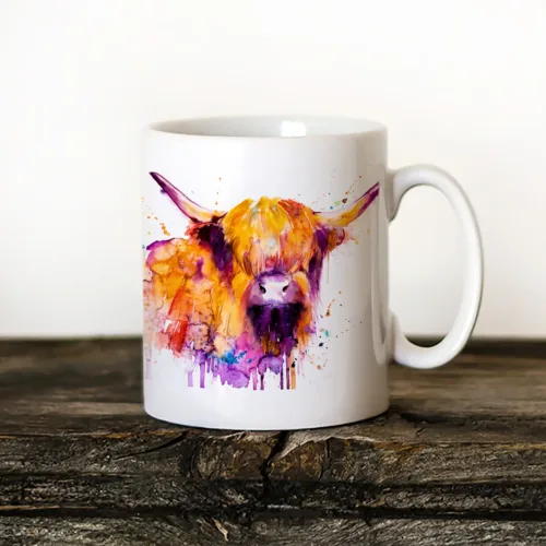 Highland Cow Art Mug, Watercolor Ceramic Mug 11 oz Highland Cow watercolor painting printed on an 11 oz ceramic art mug by Slaveika Aladjova