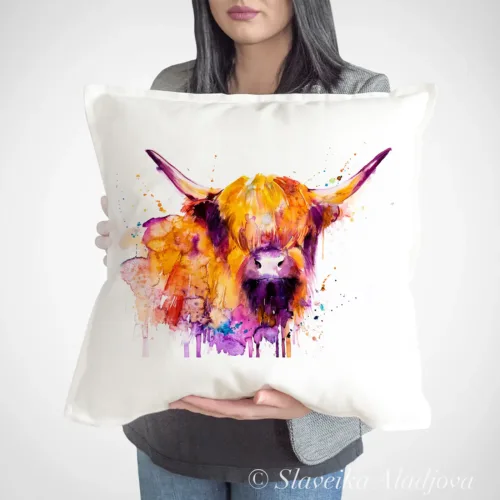 Highland Cow Art Pillow Cover, Watercolor Cushion 50 × 50 cm Highland Cow watercolor painting printed on a 50 x 50 cm cotton art pillow cover by Slaveika Aladjova