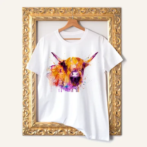 Highland Cow T-Shirt, Watercolor Art Tee Highland Cow watercolor painting printed on a white cotton T-shirt by Slaveika Aladjova