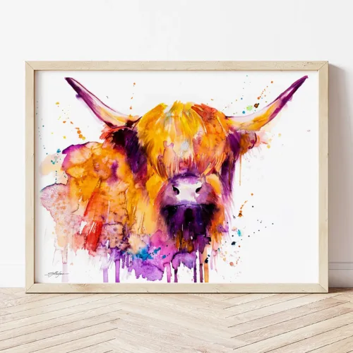 Highland Cow watercolor painting the artwork on the T-shirt by Slaveika Aladjova