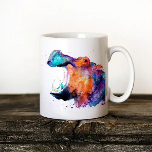 Hippo watercolor painting printed on an 11 oz ceramic art mug by Slaveika Aladjova