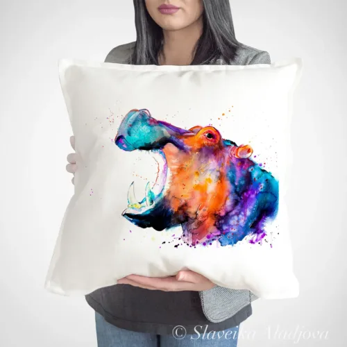 Hippo Art Pillow Cover, Watercolor Cushion 50 × 50 cm Hippo watercolor painting printed on a 50 x 50 cm cotton art pillow cover by Slaveika Aladjova