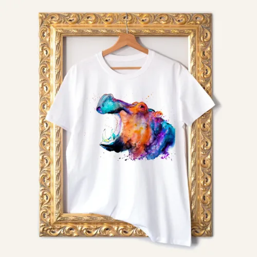 Hippo watercolor painting printed on a white cotton T-shirt by Slaveika Aladjova