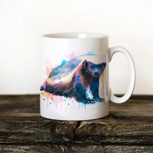 Honey Badger Art Mug, Watercolor Ceramic Mug 11 oz Honey Badger watercolor painting printed on an 11 oz ceramic art mug by Slaveika Aladjova
