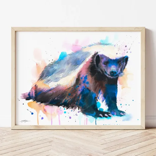 Honey Badger watercolor painting the artwork on the T-shirt by Slaveika Aladjova