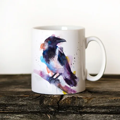 Hooded Crow watercolor painting printed on an 11 oz ceramic art mug by Slaveika Aladjova