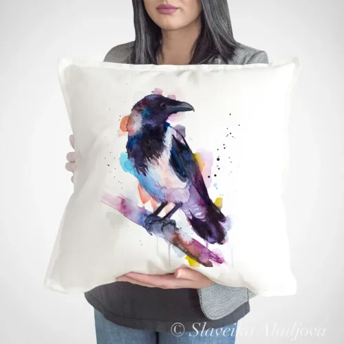 Hooded Crow Art Pillow Cover, Watercolor Cushion 50 × 50 cm Hooded Crow watercolor painting printed on a 50 x 50 cm cotton art pillow cover by Slaveika Aladjova