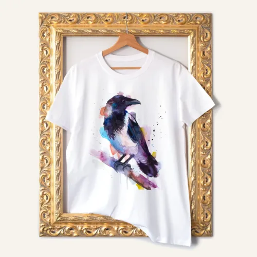 Hooded Crow T-Shirt, Watercolor Art Tee Hooded Crow watercolor painting printed on a white cotton T-shirt by Slaveika Aladjova