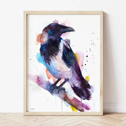 Hooded Crow watercolor painting the artwork on the T-shirt by Slaveika Aladjova