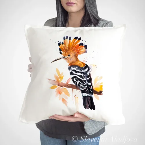 Hoopoe Art Pillow Cover, Watercolor Cushion 50 × 50 cm Hoopoe watercolor painting printed on a 50 x 50 cm cotton art pillow cover by Slaveika Aladjova
