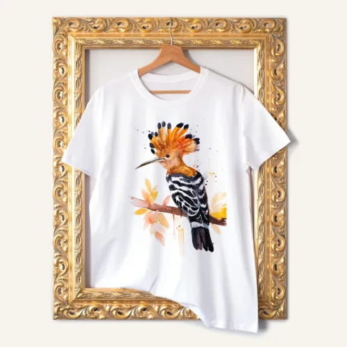 Hoopoe T-Shirt, Watercolor Art Tee Hoopoe watercolor painting printed on a white cotton T-shirt by Slaveika Aladjova