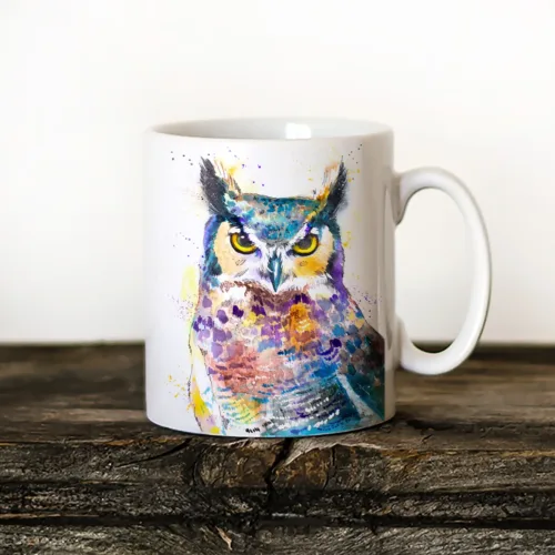 Horned Owl Art Mug, Watercolor Ceramic Mug 11 oz Horned Owl watercolor painting printed on an 11 oz ceramic art mug by Slaveika Aladjova