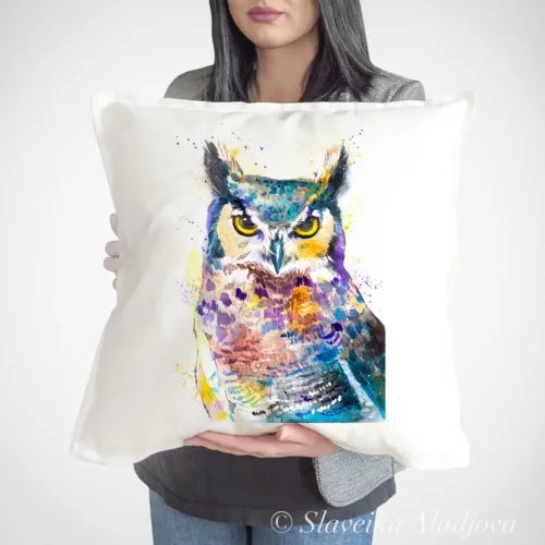 Horned Owl Art Pillow Cover, Watercolor Cushion 50 × 50 cm Horned Owl watercolor painting printed on a 50 x 50 cm cotton art pillow cover by Slaveika Aladjova