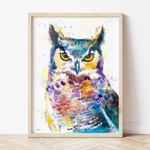 Horned Owl watercolor painting the artwork on the T-shirt by Slaveika Aladjova