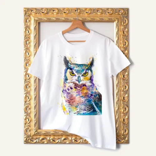 Horned Owl watercolor painting printed on a white cotton T-shirt by Slaveika Aladjova