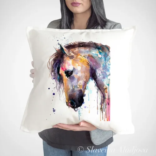 Horse Portrait Art Pillow Cover, Watercolor Cushion 50 × 50 cm Horse Portrait watercolor painting printed on a 50 x 50 cm cotton art pillow cover by Slaveika Aladjova