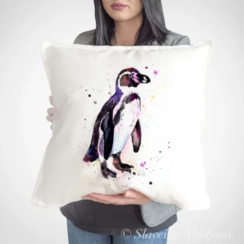 Humboldt Penguin Art Pillow Cover, Watercolor Cushion 50 × 50 cm Humboldt Penguin watercolor painting printed on a 50 x 50 cm cotton art pillow cover by Slaveika Aladjova