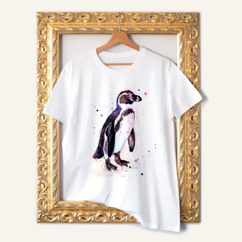 Humboldt Penguin watercolor painting printed on a white cotton T-shirt by Slaveika Aladjova