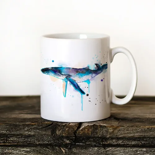 Humpback Whale Art Mug, Watercolor Ceramic Mug 11 oz Humpback Whale watercolor painting printed on an 11 oz ceramic art mug by Slaveika Aladjova