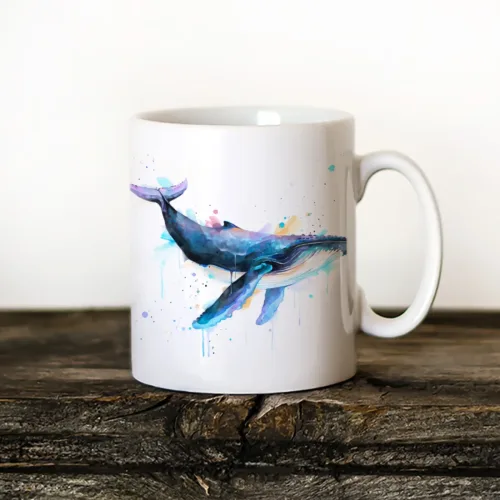 Humpback Whale Swimming Art Mug, Watercolor Ceramic Mug 11 oz Humpback Whale Swimming watercolor painting printed on an 11 oz ceramic art mug by Slaveika Aladjova