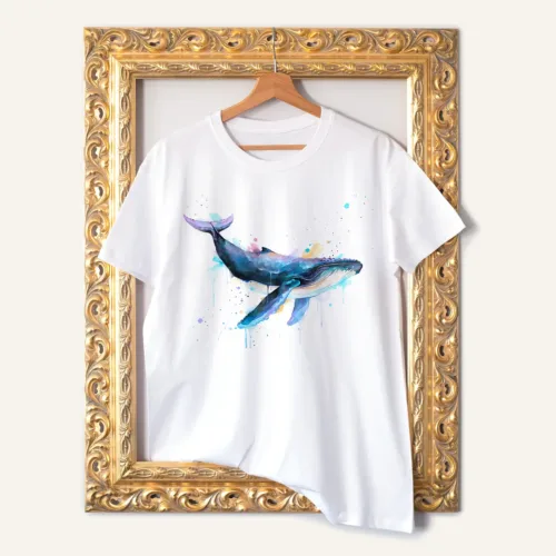 Humpback Whale Swimming watercolor painting printed on a white cotton T-shirt by Slaveika Aladjova