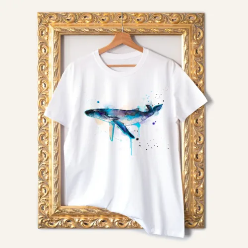 Humpback Whale T-Shirt, Watercolor Art Tee Humpback Whale watercolor painting printed on a white cotton T-shirt by Slaveika Aladjova