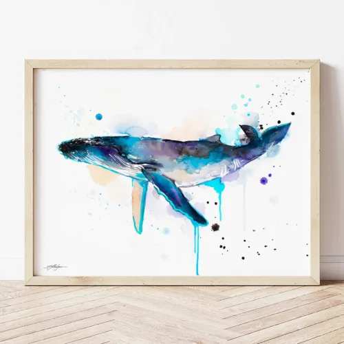 Humpback Whale watercolor painting the artwork on the T-shirt by Slaveika Aladjova